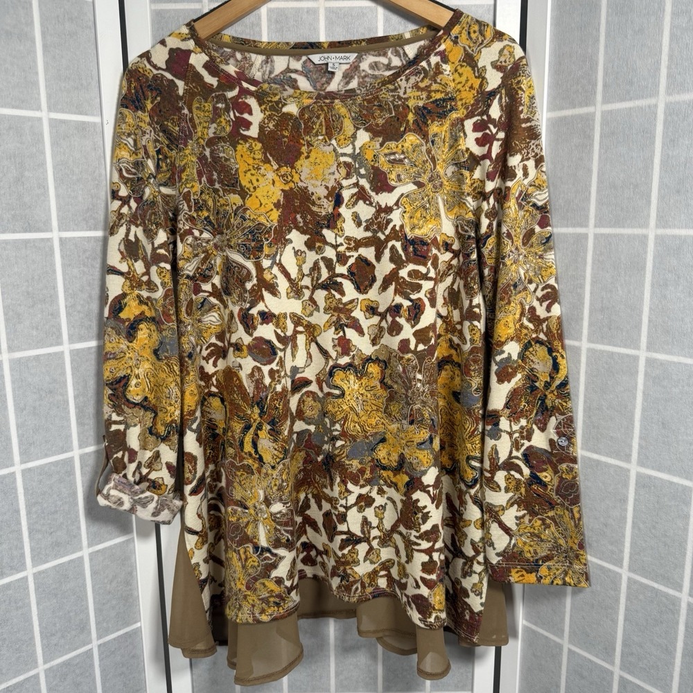 John Mark Blouse Tunic Womens Small Gold Floral Sheer Hem Boho Roll Tab Sleeve
